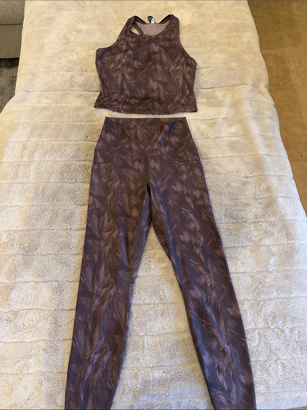 90 Degree By Reflex Brown Feather-Print High-Waist Leggings & Crop Tank Set